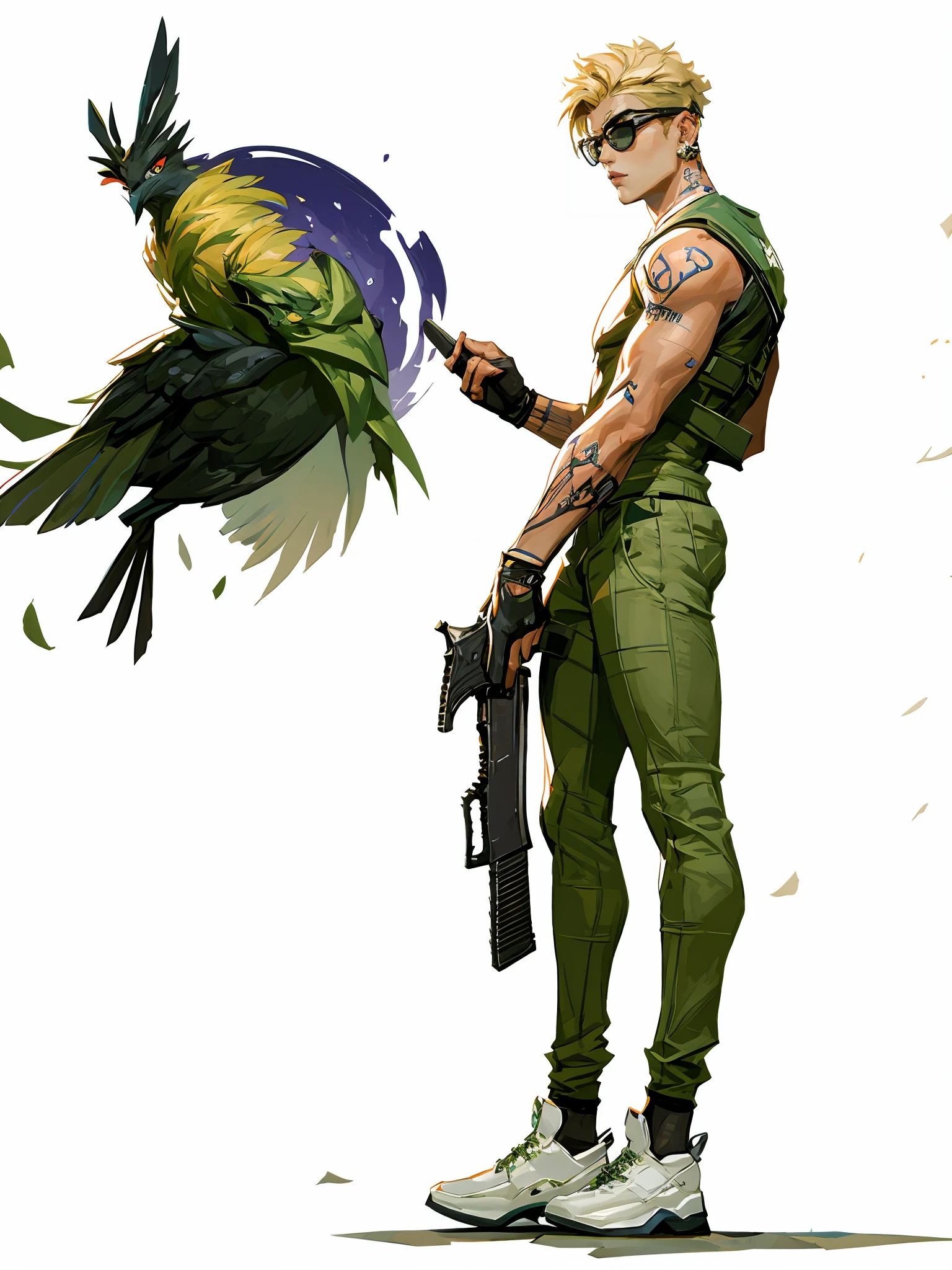 HEZI wa,weapon,holding gun,gun,holding weapon,holding,shoes,fingerless gloves,gloves,arm tattoo,tattoo,1boy,pants,white footwear,white background,from side,sneakers,male focus,bird,short hair,handgun,goggles,nose piercing,alternate costume,black gloves,dark skin,socks,solo,looking at viewer,blonde hair,piercing,earrings,brown pants,green eyes,jewelry,parted lips,animal on shoulder,simple background,dark-skinned male,official alternate costume,creature,sleeveless,1girl,animal,ear piercing,black pants,<lora:çå­ç³»åââæ¬§ç¾è§è²è®¾è®¡ç«ç»:0.85>,