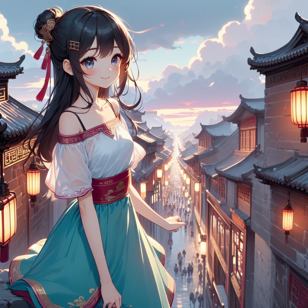 (((masterpiece))),  (((best quality))),  (((china style))),  (((crowd in busy old street))),  wind,  cloud sky,  night,  solo,  1girl,  smile,  rosy lips,  short sleeves,  off shoulders,  qipao hanfu mixed,  (((collarbone))),  ((girl stand on top floor)),  city wall,  teenager,  ribbon bunhair longhair,  hairclip,  ((petite figure)),<lora:EMS-221092-EMS:1.000000>