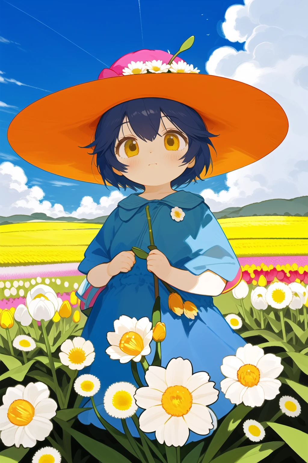 flower, rating:safe, lily (flower), cloud, sky, white flower, daisy, pink flower, blue sky, branch, solo, cloudy sky, flower field, tulip, hat, plant, field, day, orange flower, outdoors, 1girl