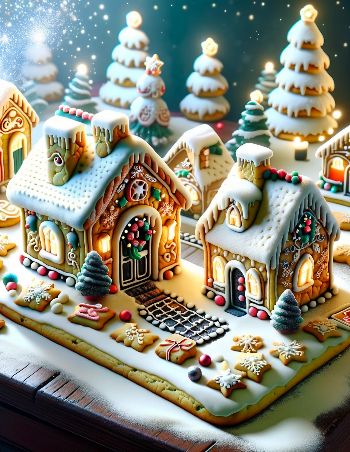 <lora:SDXLSugarCookie:1> sugarcookiestyle, a tiny micro christmas village, (from above,:1.2) miniature village, sitting on a festive decorated table, colorful lights, powder sugar snow