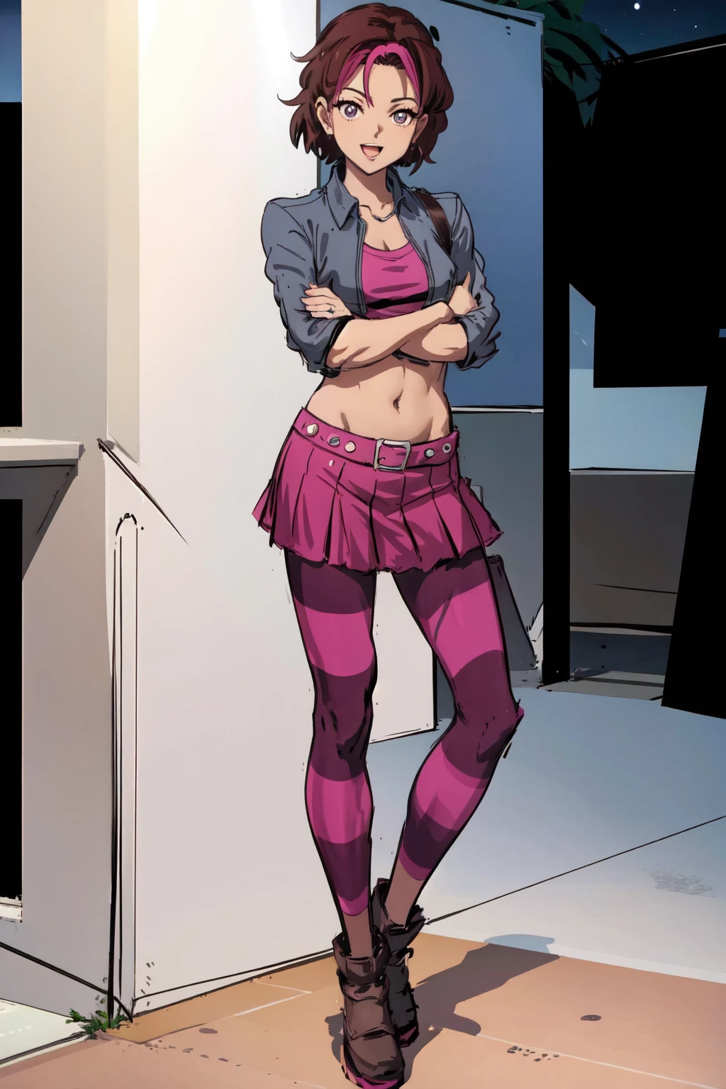 anime,(masterpiece,best quality,absurdres),1girl,mature female,medium breasts,mercedescortez,crop top,skirt,cropped jacket,striped pantyhose,leather boots,standing,:d,crossed arms,full body,on sidewalk,in front of concrete apartment building,cityscape,at night,outdoors,detailed background, <lora:Cortez2:0.95>,<lora:LORA-XenoDetailer-v2:0.1>, <lora:skin_tone_slider_v1:1.5>