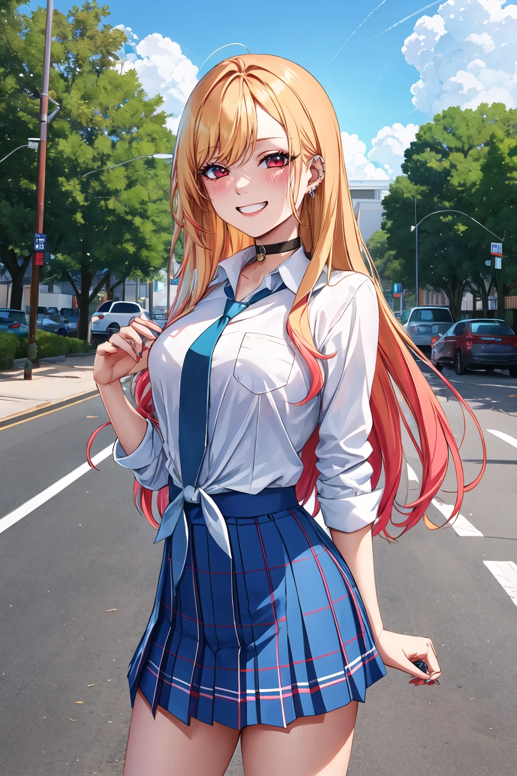 masterpiece, best quality, highres, kitagawa marin, 1girl, blonde hair, long hair, multicolored hair, red eyes, jewelry, earrings, piercing, school uniform, white shirt, tied shirt, black choker, blue necktie, plaid skirt, <lora:kitagawa_marin_v1-1:0.7>, grin, smile, standing, cowboy shot, outdoors, <lora:Tacco-style-v1_155102:1>