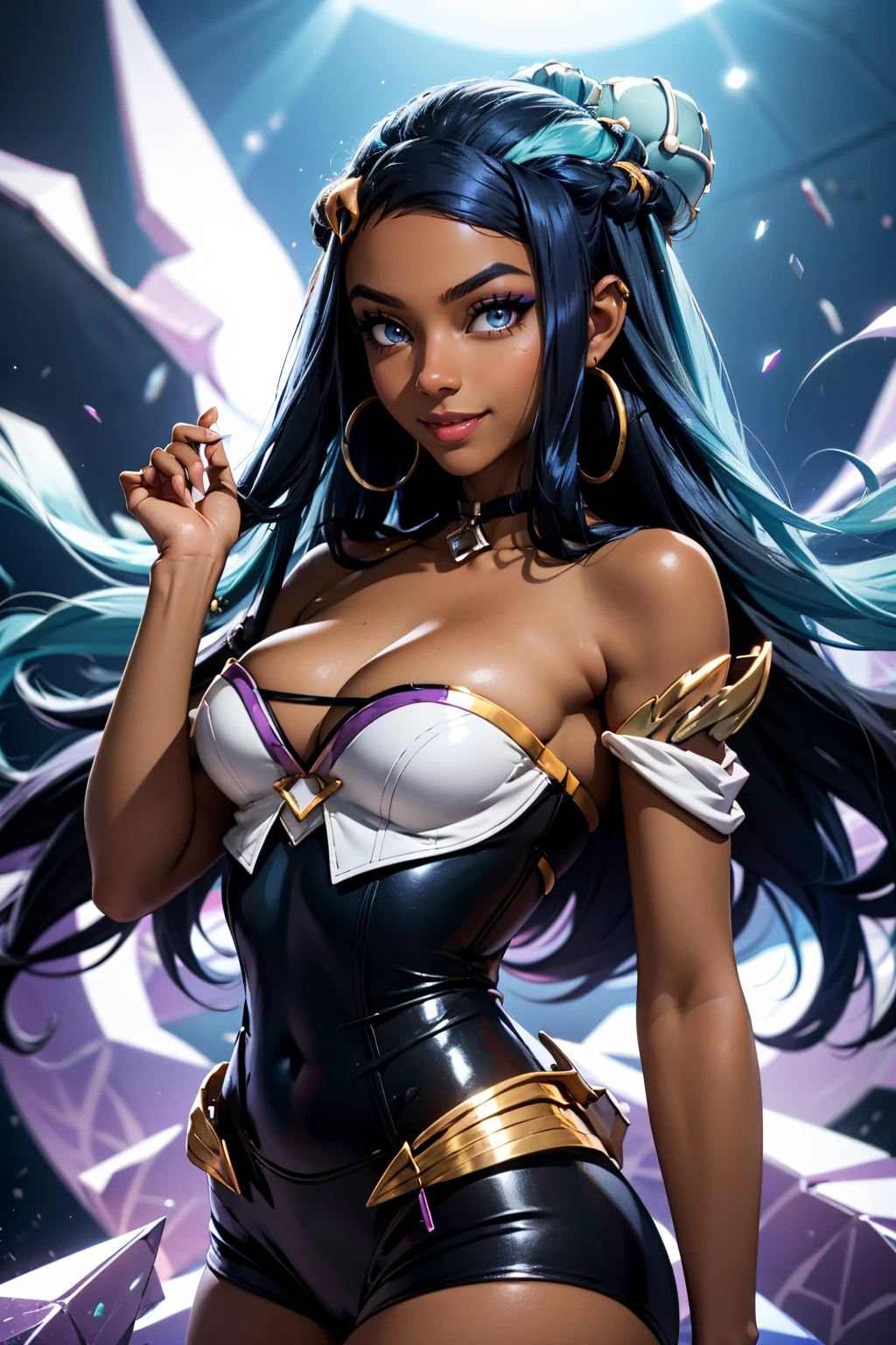 (masterpiece, best quality:1.2), intricate details, <lora:GoodHands-beta2:1>, <lora:lol_kda_ahri_cosplay-000012:0.8>, kda ahri cosplay, 1girl, cleavage, strapless, light smile, <lora:nessa_pokemon:0.8>, nessa, (dark skin, dark-skinned female), long hair, earrings, makeup