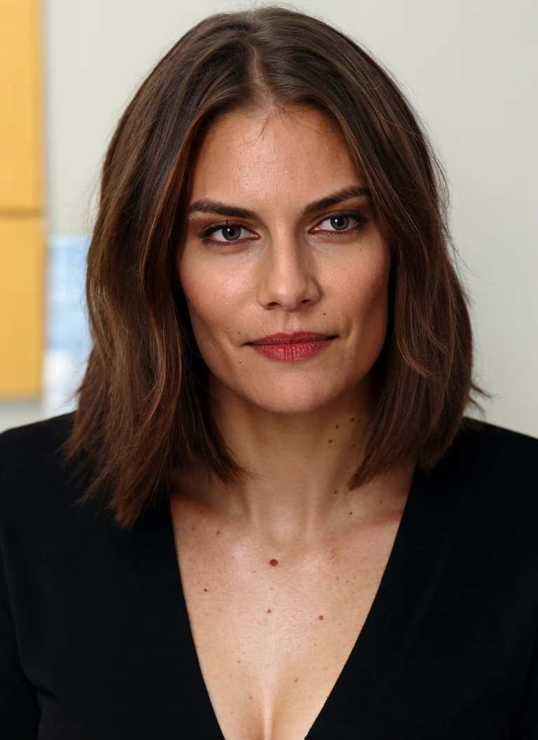 portrait of a woman in a black cardigan, in the office, face, bold, bright colours, (high detailed skin:1.1)
<lora:lauren_cohan_lora_v01:1> lauco