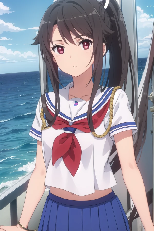 mashiromunetani, <lora:mashiro munetani s1-lora-nochekaiser:1>,
mashiro munetani, long hair, black hair, (red eyes:1.3), hair ribbon, ponytail,
BREAK skirt, ribbon, school uniform, short sleeves, pleated skirt, serafuku, blue skirt, neckerchief, red neckerchief,
BREAK outdoors, ocean, boat, navy,
BREAK looking at viewer, (cowboy shot:1.5),
BREAK <lyco:GoodHands-beta2:1>, (masterpiece:1.2), best quality, high resolution, unity 8k wallpaper, (illustration:0.8), (beautiful detailed eyes:1.6), extremely detailed face, perfect lighting, extremely detailed CG, (perfect hands, perfect anatomy),