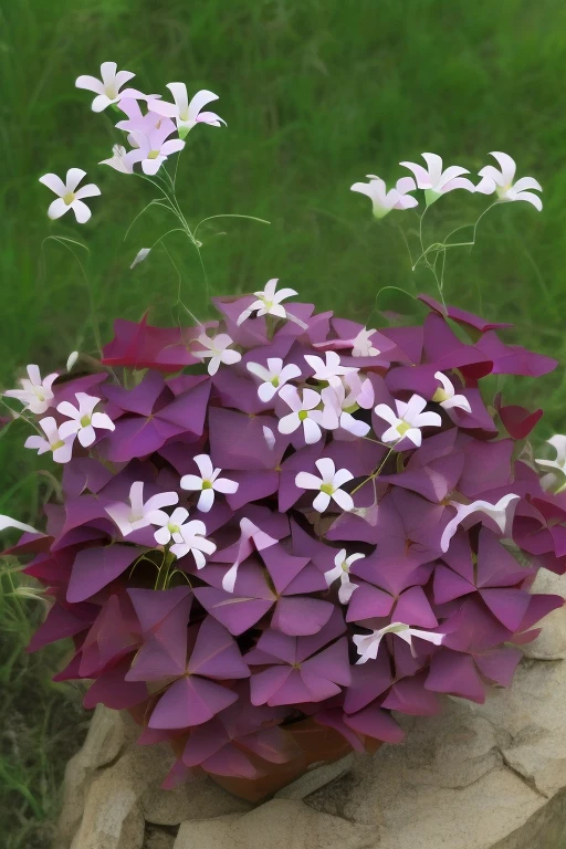 (masterpiece), (best quality), (extremely detailed), photo realistic, (no humans), scenery, outdoors, sun, day, sky, cloud, in the prairie, <lora:Oxalis Texture V1.0:1>, oxalis triangularis, purple oxalis, false shamrock, purple shamrock, flower, white flower,