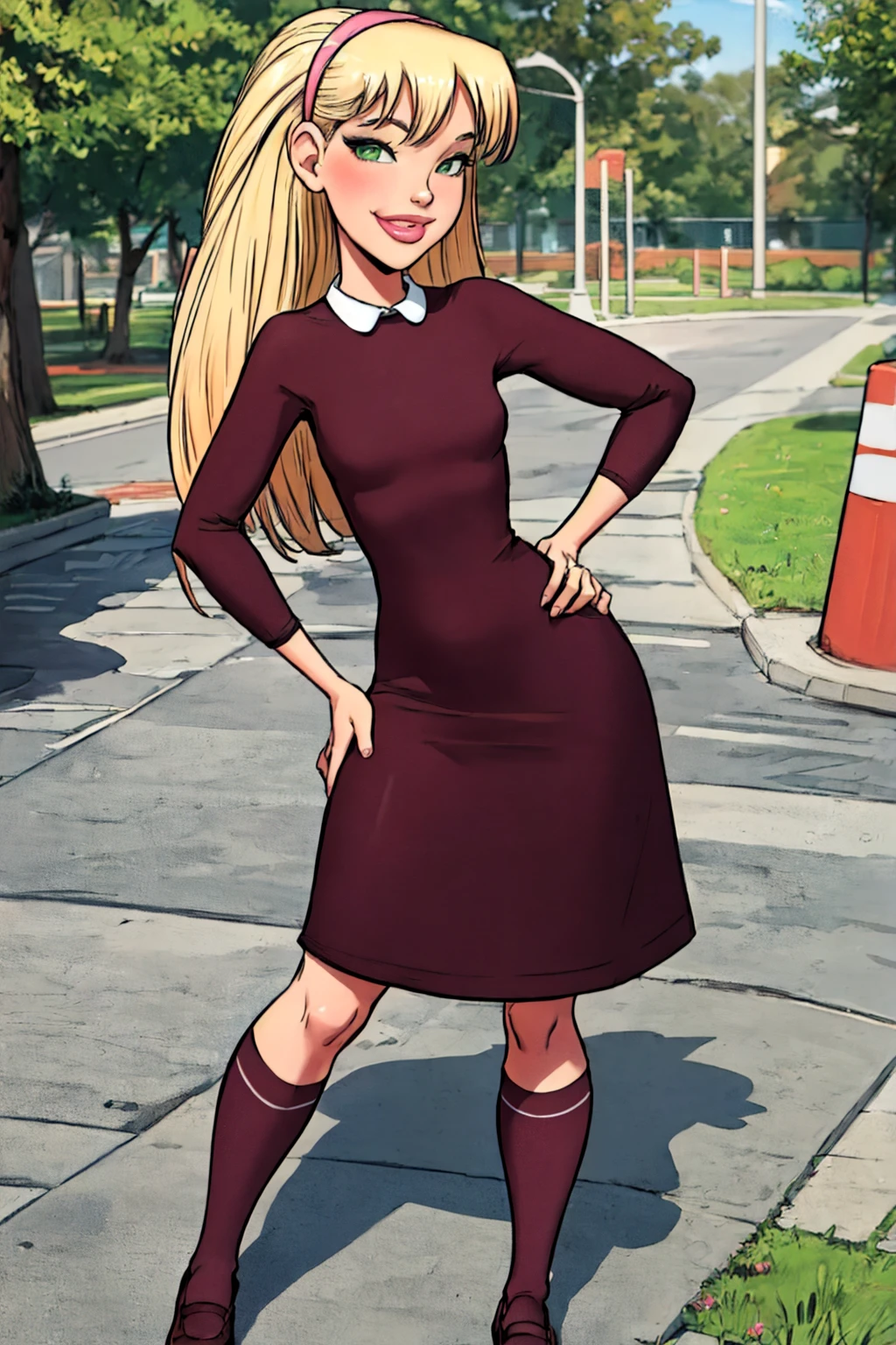 1girl, blonde hair, hairband, long hair, nat, pink hairband,dress,socks,shoes,lips, smile, solo,looking at viewer, smile, standing, hand on hip, green eyes <lora:Nat(AP)-000008:0.8>