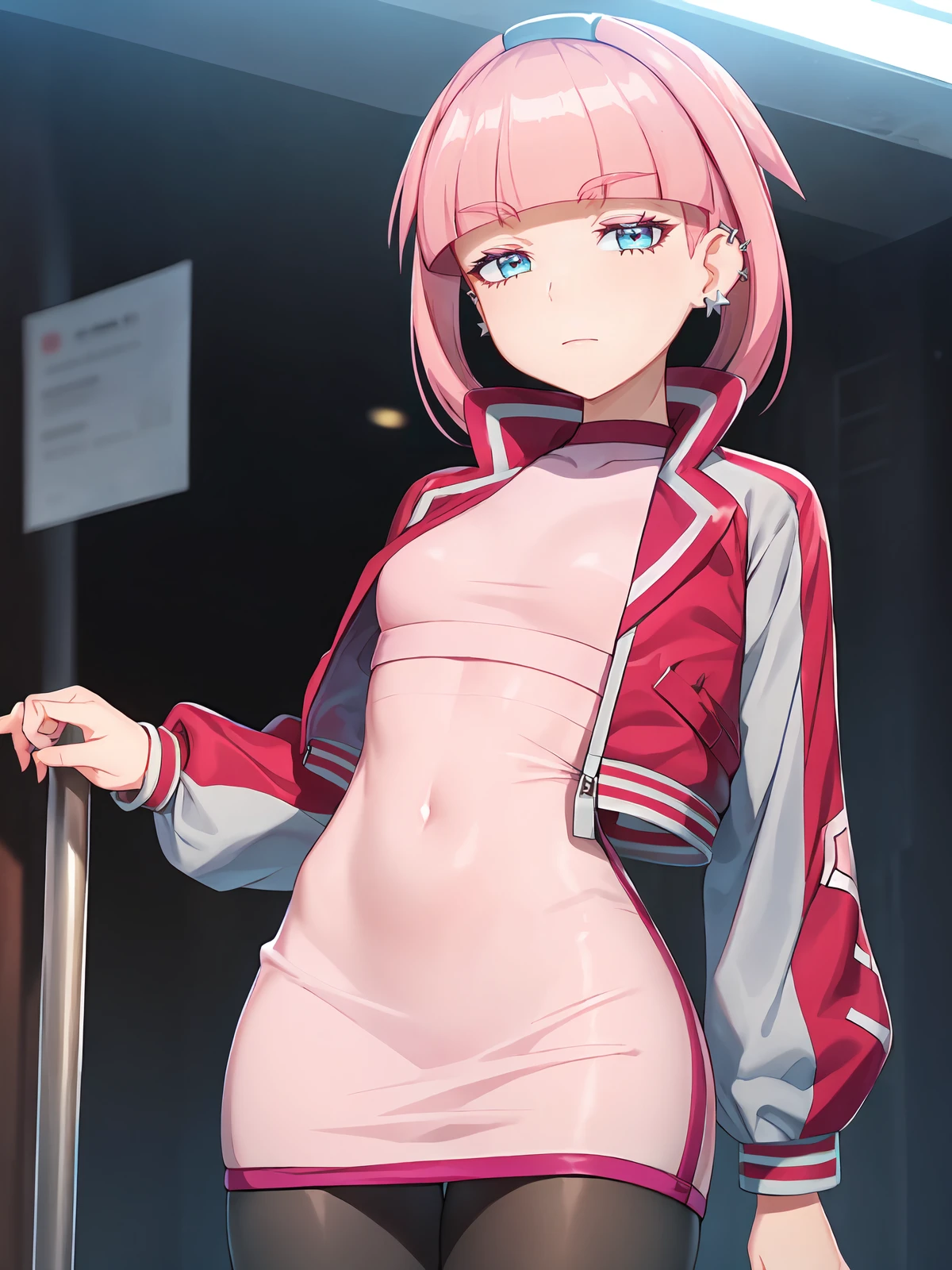 (extremely detailed CG), (best quality), perfect face, shiny skin, lustrous skin, 1girl,solo   narrow waist,  wide hips, <lora:Mollie-10:0.8>mollie, jacket, pink hair, bangs, blunt bangs, earrings, jewelry, pantyhose, blue eyes, short hair, piercing, open jacket, long sleeves, black pantyhose, open clothes, ear piercing, skirt, pink jacket, hairband,pink dress,