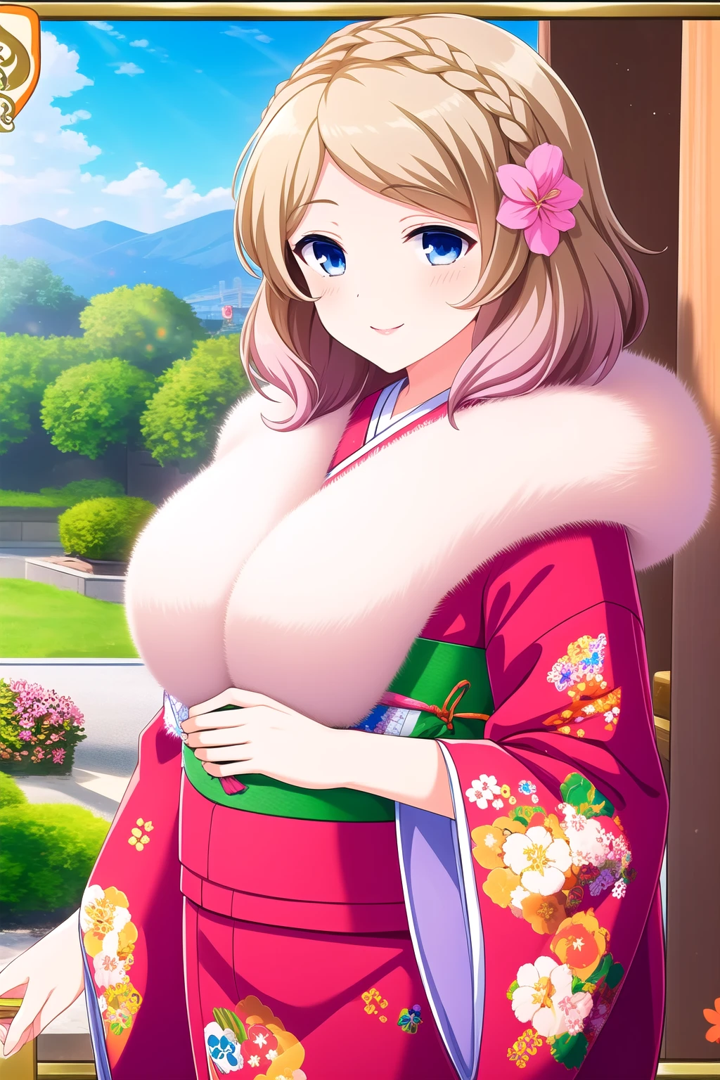 (masterpiece, best quality), highly detailed background, perfect lightingbest quality, yugekaede, solo, outdoors, blonde hair, multicolored hair, brown hair, hair flower, braid, crown braid, short hair, blue eyes, breasts, red kimono, fur trim, floral print, <lora:GoodHands-vanilla:1>, japanese clothes, smile, closed mouth, pink lips, <lora:Yuge-Kaede:0.7>