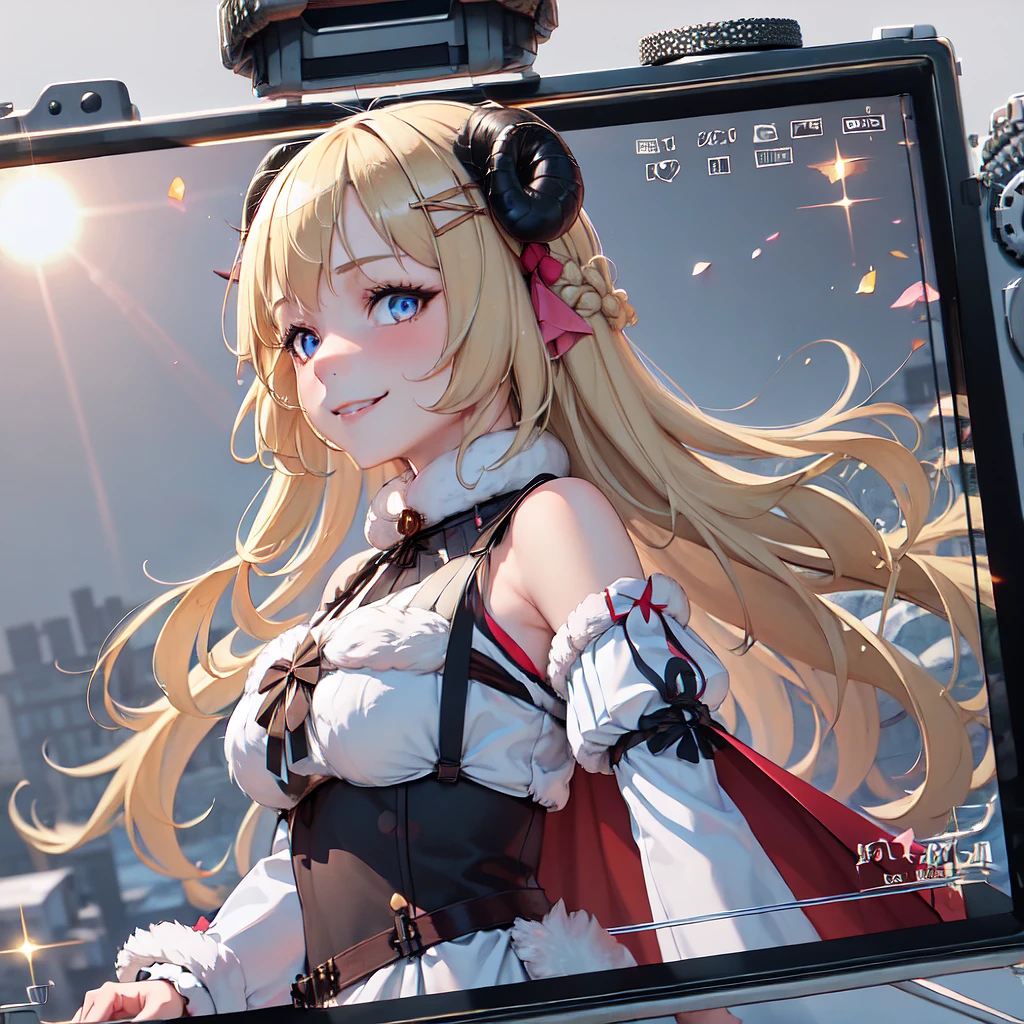 1girl, IncrsViewFinder, pov, viewfinder, <lora:ViewfinderCamera:1.2>, Tsunomaki Watame, long hair, WatameBase, fur-trimmed dress, white dress, bare shoulders, fur-trimmed sleeves, hairclip, cape, <lora:Char_VTuber_TsunomakiWatame:0.8>, looking at viewer, seductive smile, upper body, blue eyes,