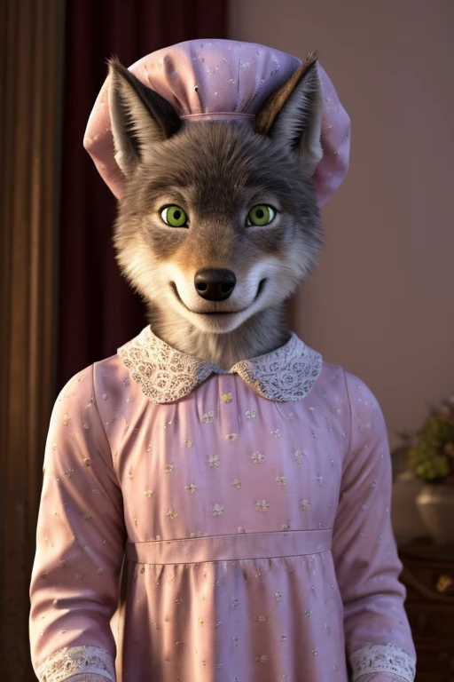 real e621, photorealistic, masterpiece, Wolfie:1.2, smiling at viewer, (pink and white floral patterned headwear, pink and white floral patterned clothing:1.2), nightgown and bonnet, sharp eyes, male, green eyes, long sleeves
<lora:Wolfie_V2 - FRLione27nO_-step00002400:0.8>