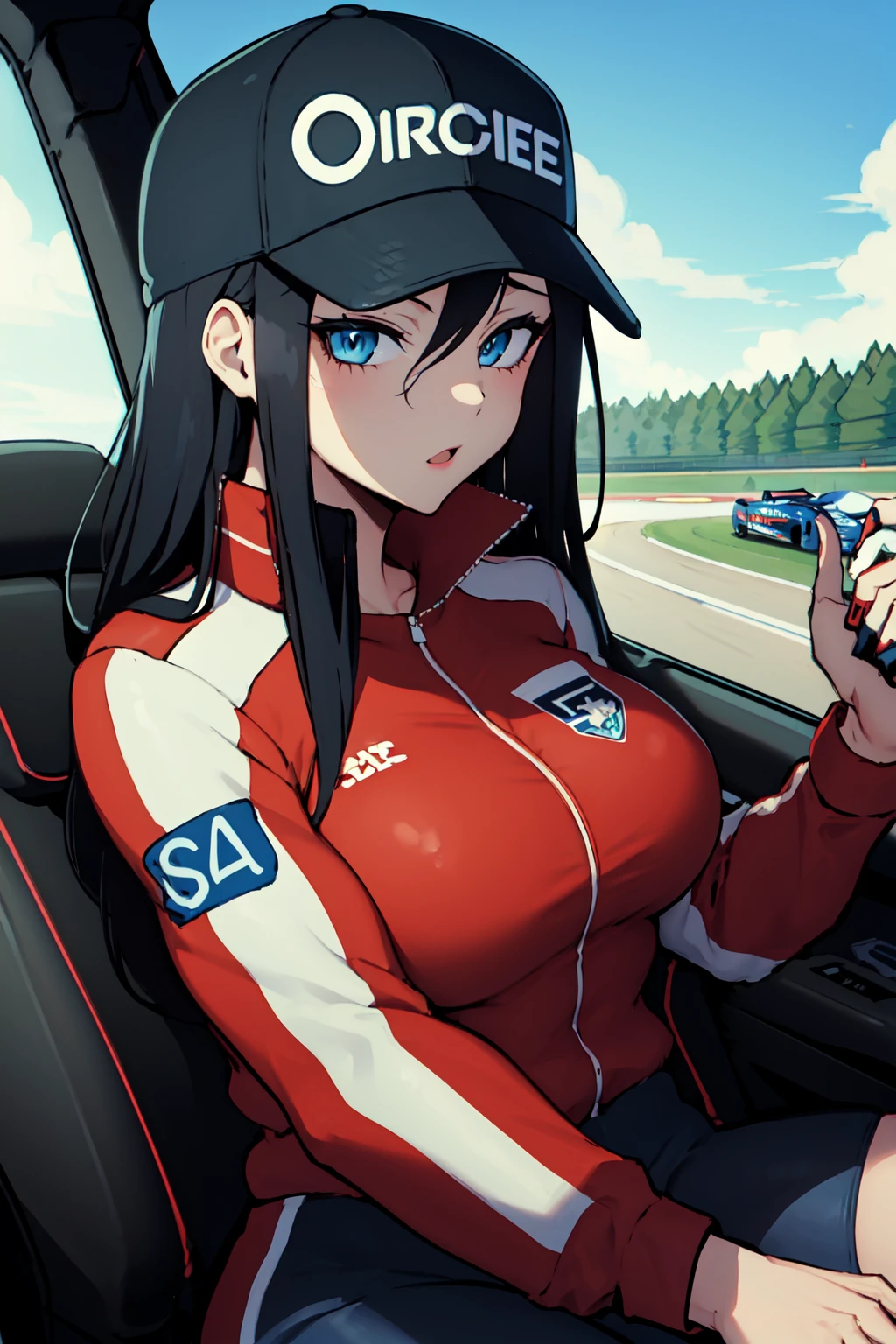 1girl, medium breasts, racecar driver, racecar, decals, black hair, blue eyes, baseball hat, sitting, driving, tracksuit, in car, upper body
