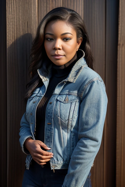 A close up of a British black woman in their 30s with a ponytail wearing a dark blue v-neck sweater and tight black pants with a silver belt buckle and black boots visible, hands on hips; thick thighs; basement; dramatic; nightfall; low key; straight on; hands on hips