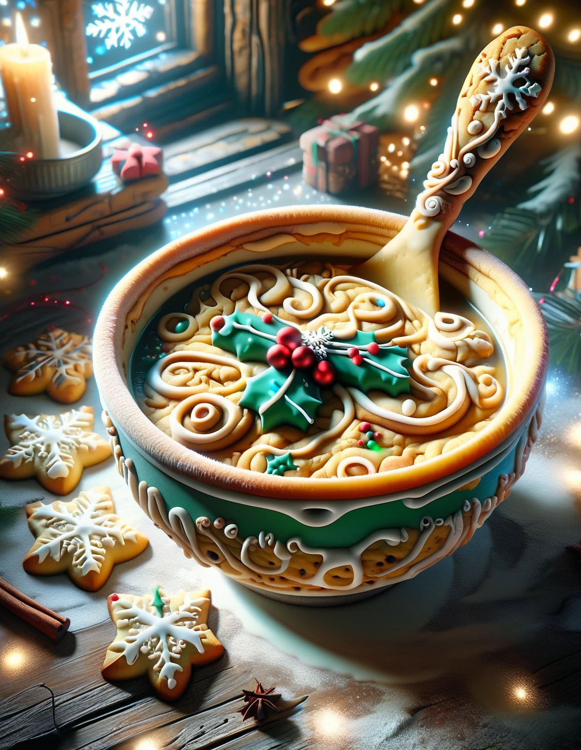 <lora:SDXLSugarCookie:1> sugarcookiestyle, a bowl of cookie dough soup, high quality, fantasy, sparkling Christmas lights, macro, food photography, from above, rustic spoon