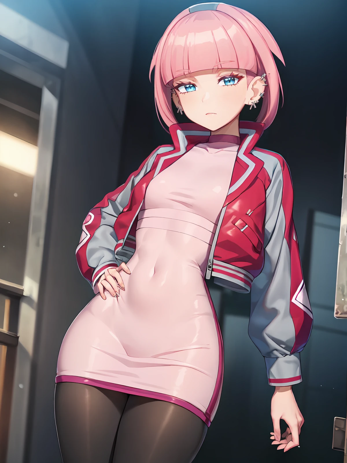 (extremely detailed CG), (best quality), perfect face, shiny skin, lustrous skin, 1girl,solo   narrow waist,  wide hips, <lora:Mollie-10:0.8>mollie, jacket, pink hair, bangs, blunt bangs, earrings, jewelry, pantyhose, blue eyes, short hair, piercing, open jacket, long sleeves, black pantyhose, open clothes, ear piercing, skirt, pink jacket, hairband,pink dress,