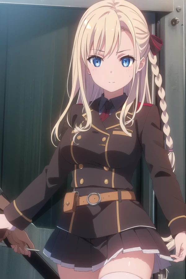 mashiromwilhelminabraunschweigingenohlfriedeburgnetani, <lora:wilhelmina braunschweig ingenohl friedeburg s1-lora-nochekaiser:1>,
wilhelmina braunschweig ingenohl friedeburg, long hair, blue eyes, blonde hair, braid, hair braid, single braid, ribbon, hair ribbon, smile,
BREAK skirt, thighhighs, striped, belt, uniform, zettai ryouiki, military, military uniform, striped thighhighs,
BREAK outdoors, ocean, boat, navy,
BREAK looking at viewer, (cowboy shot:1.5),
BREAK <lyco:GoodHands-beta2:1>, (masterpiece:1.2), best quality, high resolution, unity 8k wallpaper, (illustration:0.8), (beautiful detailed eyes:1.6), extremely detailed face, perfect lighting, extremely detailed CG, (perfect hands, perfect anatomy),