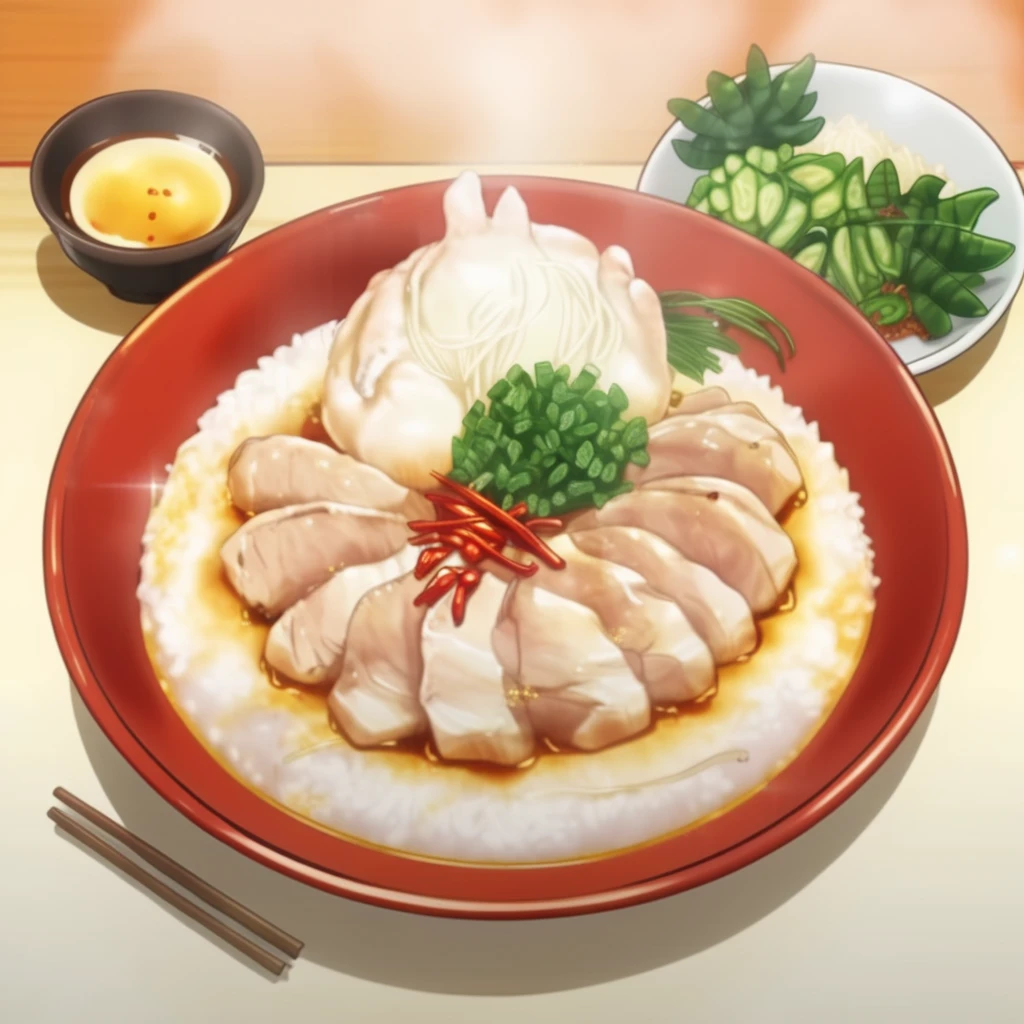 A colorful cartoon-style illustration featuring the classic Hainanese chicken rice dish. The image showcases a plate of succulent, steamed white chicken, sliced and arranged neatly, with glistening skin. Beside the chicken, a mound of fragrant, fluffy rice, cooked in rich chicken broth, garlic, and ginger, emits steam. Small dishes of bright red chili sauce, thick soy sauce, and freshly ground ginger are placed around the plate. The background includes a cheerful kitchen setting, emphasizing the homely and comforting nature of this beloved dish, <lora:Shokugeki_food:1>