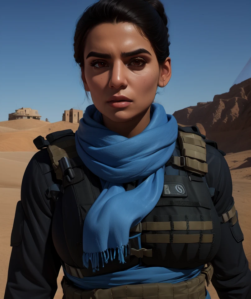 farah,black hair,brown eyes,ponytail,
blue scarf,tactical vest,black shirt,long sleeves,
standing,upper body,
desert,town,
(insanely detailed, beautiful detailed face, masterpiece, best quality)solo,<lora:farah:0.6>,