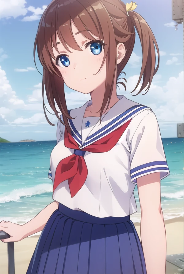 akenomisaki, <lora:akeno misaki s1-lora-nochekaiser:1>,
akeno misaki, ribbon, short hair, blue eyes, brown hair, twintails, hair ribbon, smile,
BREAK skirt, school uniform, short sleeves, pleated skirt, serafuku, socks, blue skirt, neckerchief, red neckerchief, white sailor collar,
BREAK outdoors, ocean, boat, navy,
BREAK looking at viewer, (cowboy shot:1.5),
BREAK <lyco:GoodHands-beta2:1>, (masterpiece:1.2), best quality, high resolution, unity 8k wallpaper, (illustration:0.8), (beautiful detailed eyes:1.6), extremely detailed face, perfect lighting, extremely detailed CG, (perfect hands, perfect anatomy),