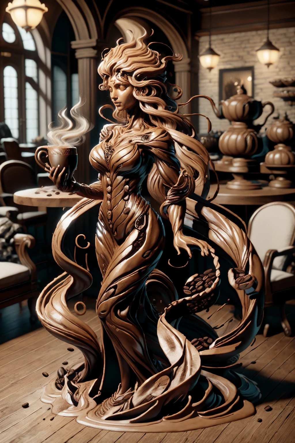cofzee, a statue of a woman with a flowing hair, made out of coffee <lora:ral-cofzee-sd15:1>