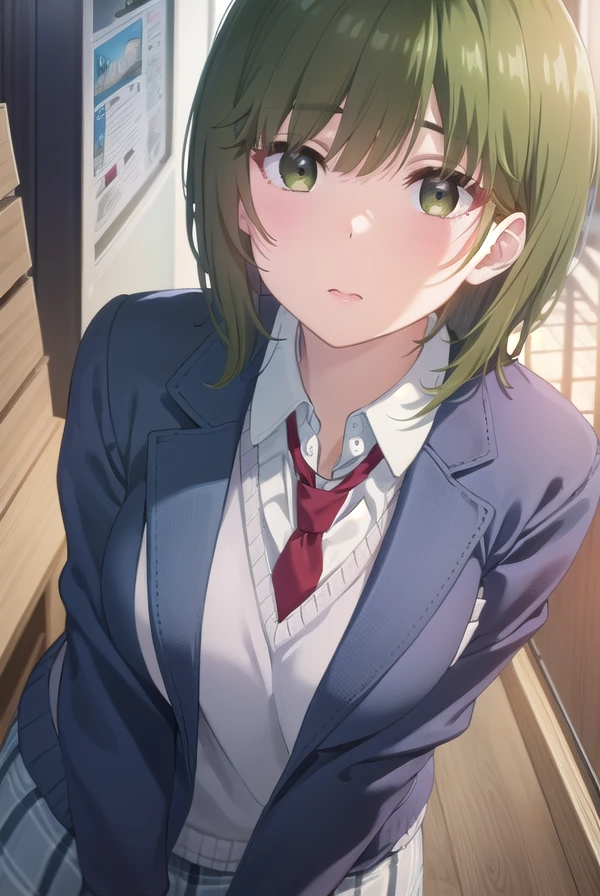 isanahigashira, <lora:isana higashira s1-lora-nochekaiser:1>,
isana higashira, short hair, bangs, (green eyes:1.3), green hair,
BREAK shirt, long sleeves, school uniform, jacket, white shirt, open clothes, necktie, sweater, open jacket, blazer, red necktie, grey sweater,
BREAK indoors, classroom,
BREAK looking at viewer, (cowboy shot:1.5),
BREAK <lyco:GoodHands-beta2:1>, (masterpiece:1.2), best quality, high resolution, unity 8k wallpaper, (illustration:0.8), (beautiful detailed eyes:1.6), extremely detailed face, perfect lighting, extremely detailed CG, (perfect hands, perfect anatomy),