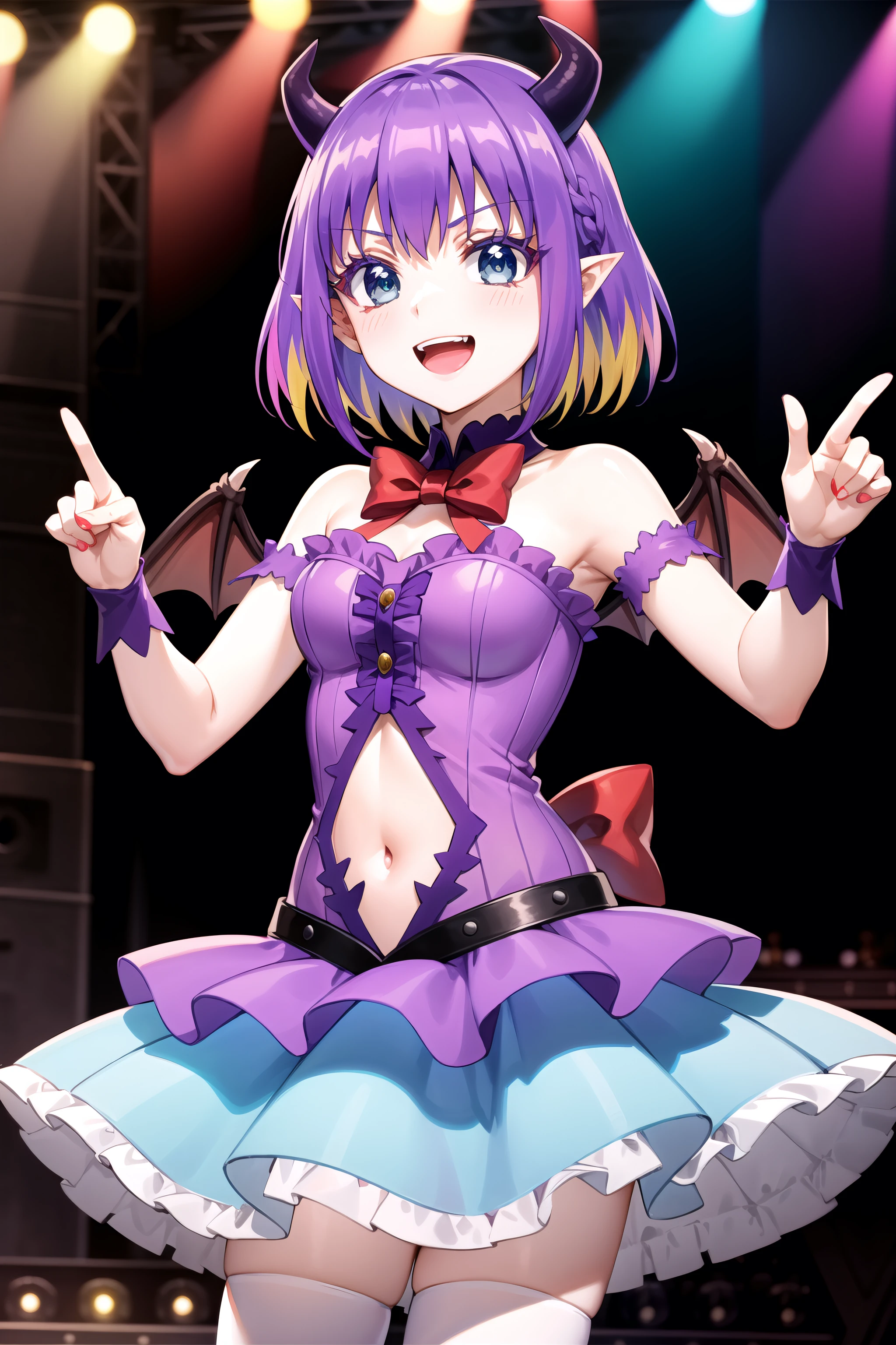 best quality, masterpiece, detailed,
<lora:MairimashitaIrumaKun_CrocellKerori:0.8>, Crocell Kerori,
smile, open mouth, teeth,
multicolored hair, purple hair, short hair, blue eyes, horns, pointy ears,
KuromuDress, bow, navel cutout, bare shoulders, demon wings, white thighhighs,
standing, looking at the viewer,
stage, music, idol