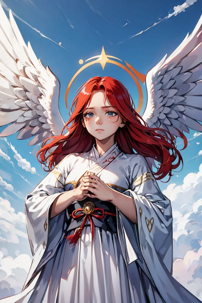 1lady, solo, Angelic messenger, Feathered wings, Celestial realm, Divine messages, Grace, Purity, Compassion, upper body, sky, cloud, hanbok, red hair, halo
