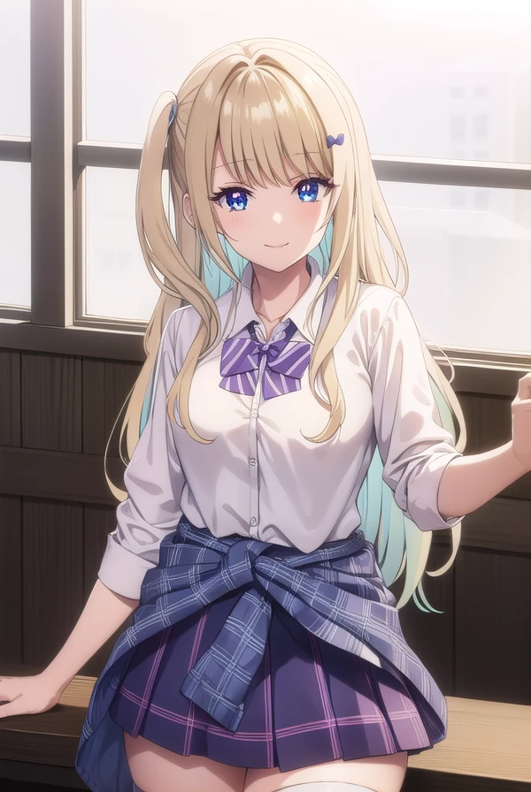 lunashirakawa, <lora:luna shirakawa s1-lora-nochekaiser:0.8>,
luna shirakawa, long hair, blue eyes, blonde hair, hair ornament, bow, multicolored hair, hairclip, smile,
BREAK skirt, shirt, thighhighs, bow, school uniform, white shirt, pleated skirt, shoes, black thighhighs, bowtie, blue skirt, plaid, plaid skirt, loafers, purple bow, clothes around waist, gyaru, purple bowtie,
BREAK looking at viewer,
BREAK indoors, classroom, (cowboy shot:1.5),
BREAK <lyco:GoodHands-beta2:1>, (masterpiece:1.2), best quality, high resolution, unity 8k wallpaper, (illustration:0.8), (beautiful detailed eyes:1.6), extremely detailed face, perfect lighting, extremely detailed CG, (perfect hands, perfect anatomy),