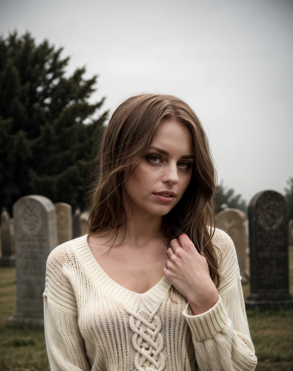 cinematic film still ,<lora:quiron_KiraThorn_v1_lora:0.77> KiraThornQuiron woman, a woman Retro Olive Cable-knit sweater, Amidst the ancient, overgrown graveyard, a beautiful girl in a tattered, centuries-old dress stood as a spectral fog rolled in. Her ashen complexion and vacant eyes hinted at a tragic past. A chilling wind whispered forgotten tales as the graves' shadows came to life, beckoning her. In this spectral setting, her beauty and attire concealed the dark secrets of the restless souls., . shallow depth of field, vignette, highly detailed, high budget Hollywood movie, bokeh, cinemascope, moody, epic, gorgeous, film grain, grainy