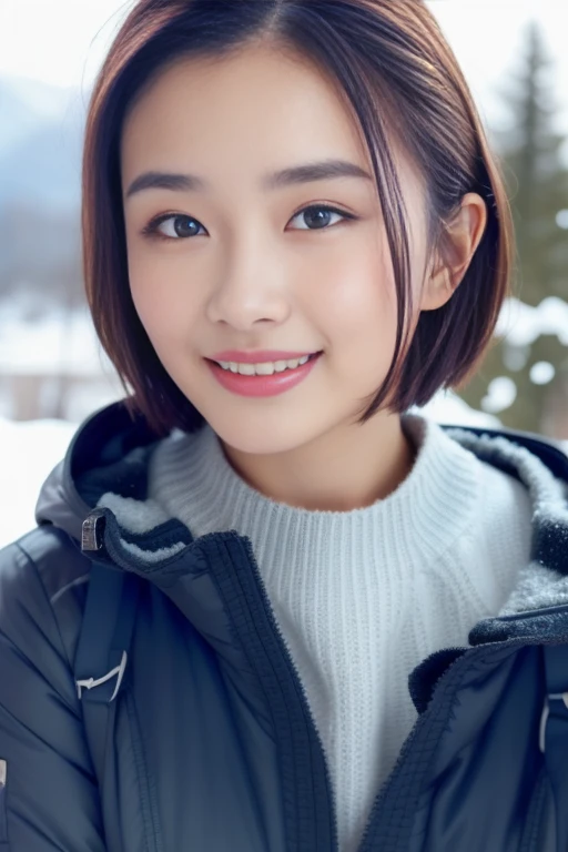 1girl,(wearing sweater),(winter jacket),(RAW photo, best quality), (realistic, photo-realistic:1.4), masterpiece, an extremely delicate and beautiful, extremely detailed, 2k wallpaper, Amazing, finely detail, extremely detailed CG unity 8k wallpaper, ultra-detailed, highres, soft light, beautiful detailed girl, extremely detailed eyes and face, beautiful detailed nose, beautiful detailed eyes,cinematic lighting,at a ski resort,snow scenery,snow field,perfect anatomy,slender body,smiling,<lora:abeoto_lora:0.8>,short hair