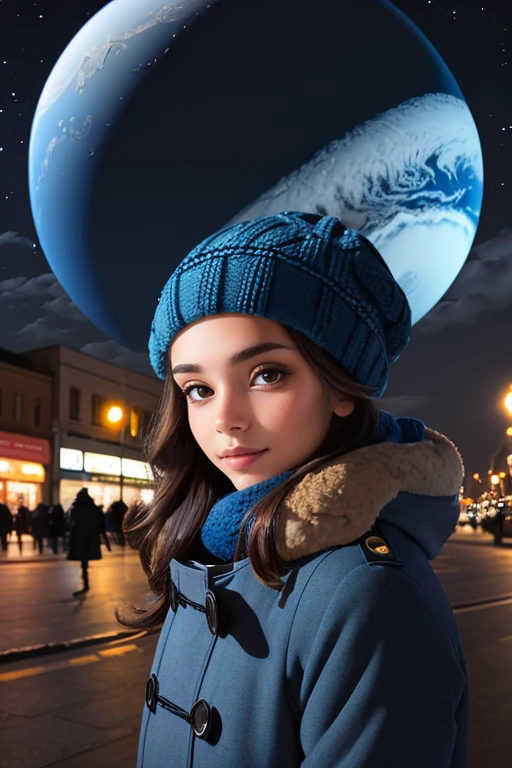 woman, on street, winter outfit, coat, winter cap, portrait view,
(blue planet in sky, at night, clouds),
<lora:planets:0.7>