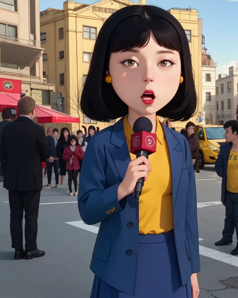 Tricia,yellow shirt,blue jacket,dress skirt,gold earrings,facing viewer,
solo,black hair,
standing,upper body,
holding red microphone,outdoors,
(insanely detailed, beautiful detailed face, masterpiece, best quality),<lora:Tricia-10FG:0.7>,