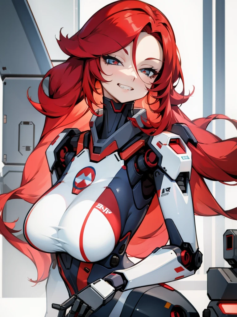<lora:blvefo9-24:1>red hair, long hair, huge breasts, robot, smirk, teeth, looking at viewer, masterpiece, best quality
