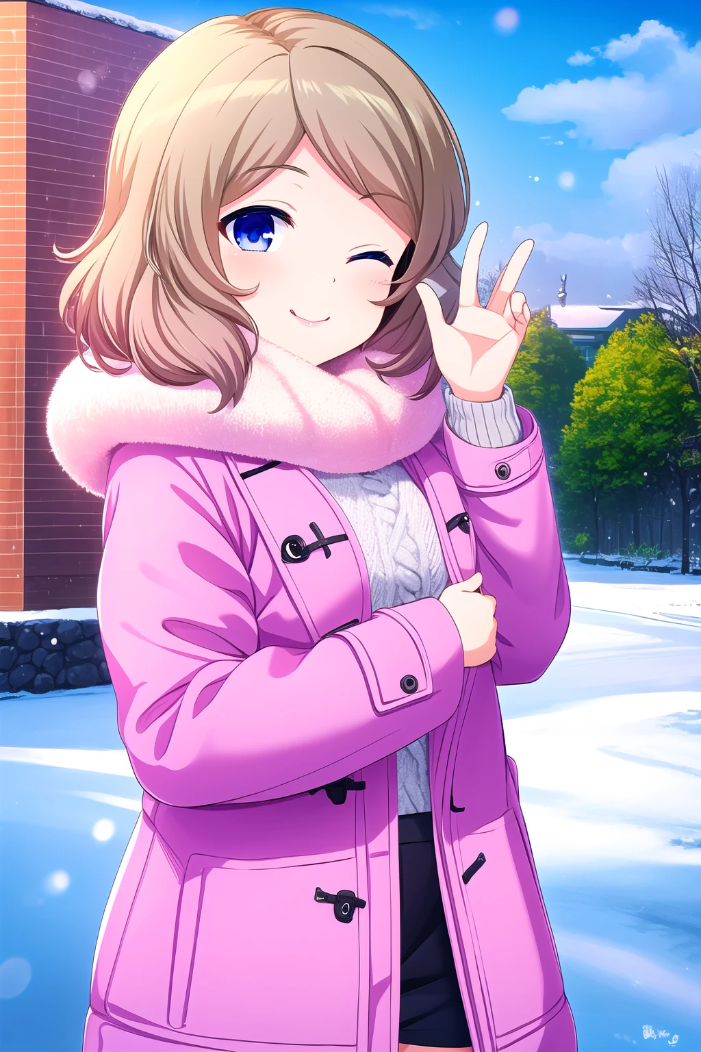 (masterpiece, best quality), highly detailed background, perfect lightingbest quality, yugekaede, solo, outdoors, winter, blonde hair, white headband, multicolored hair, brown hair, short hair, one eye closed, blue eyes, pink coat, pink jacket, grey sweater, <lora:GoodHands-vanilla:1>, winter clothes, smile, closed mouth, ;), pink lips, <lora:Yuge-Kaede:0.7>