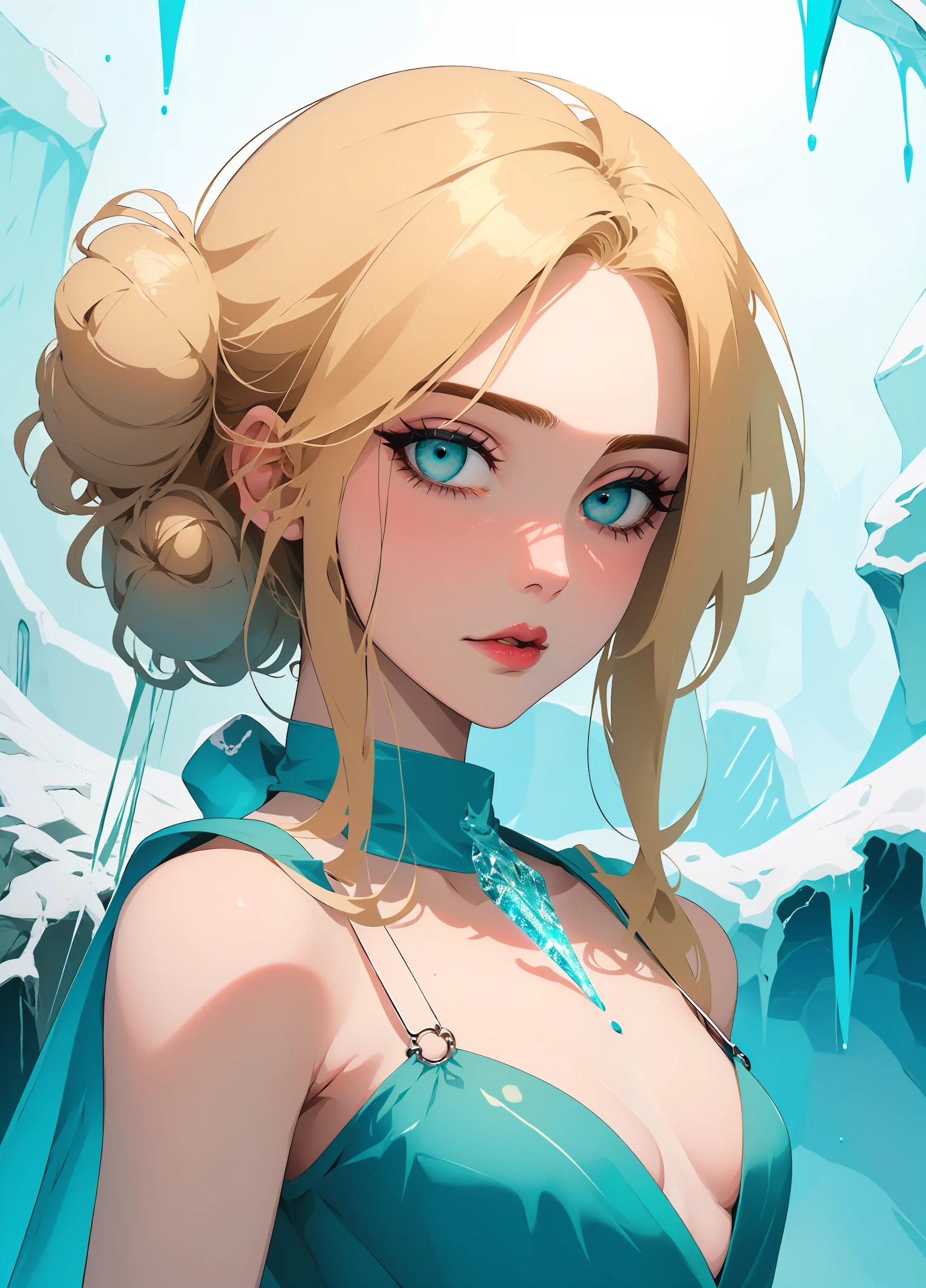 a woman, solo, upper body, (Random:1.3), bun hair, light blonde hair, teal eyes, captivating lips, small breasts, onepeace dress, glistening ice cave with icicles, (masterpiece, best quality, detailed:1.3), hot