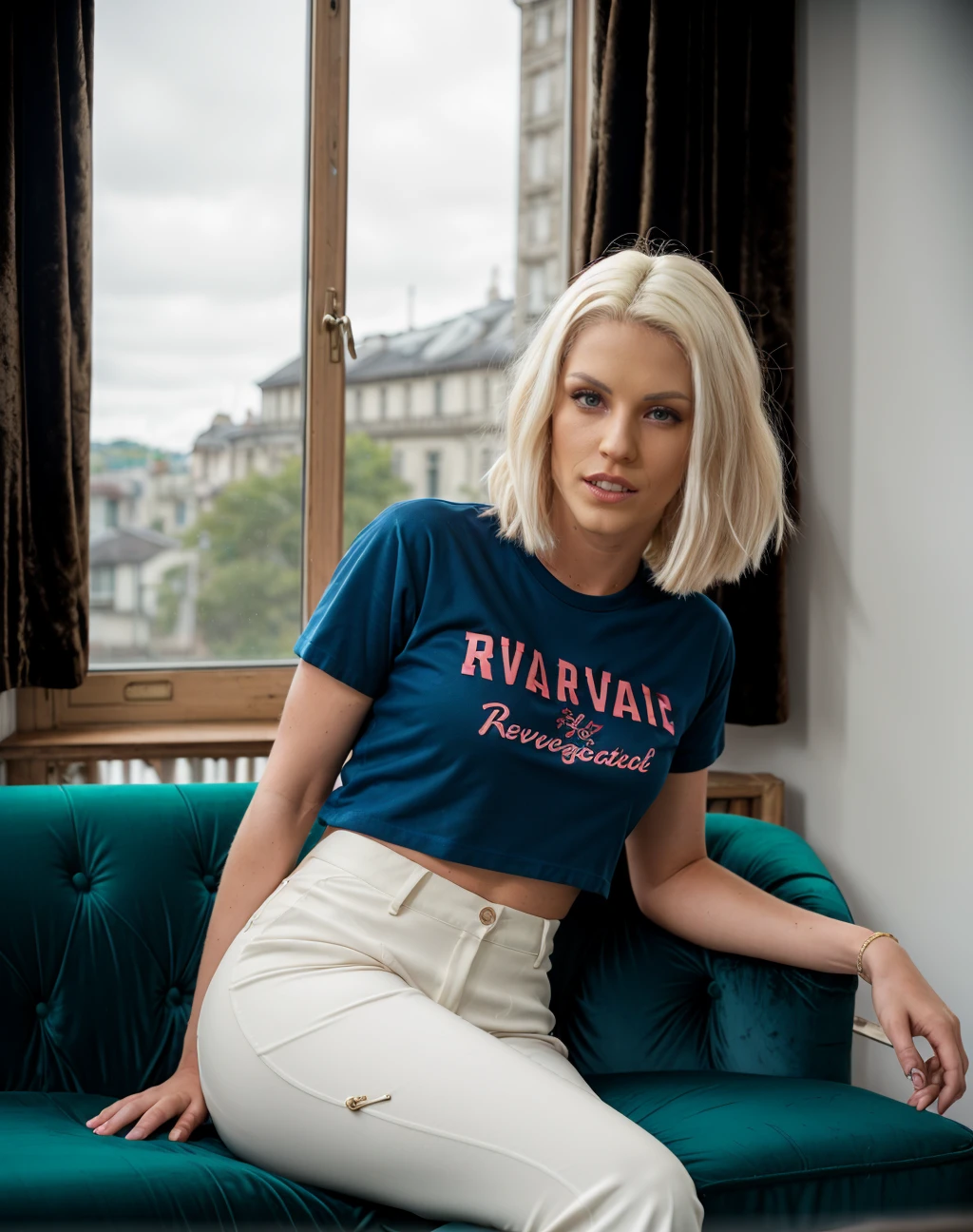 cinematic photo <lora:quiron_BlancheBradburry_v1_lora:0.77> BlancheBradburryQuiron woman, blonde hair, vintage concert tee with fringe, aqua sailor pants in navy, Seated on a velvet settee, she gazes out of a grand window, lost in nostalgic reverie . 35mm photograph, film, bokeh, professional, 4k, highly detailed
