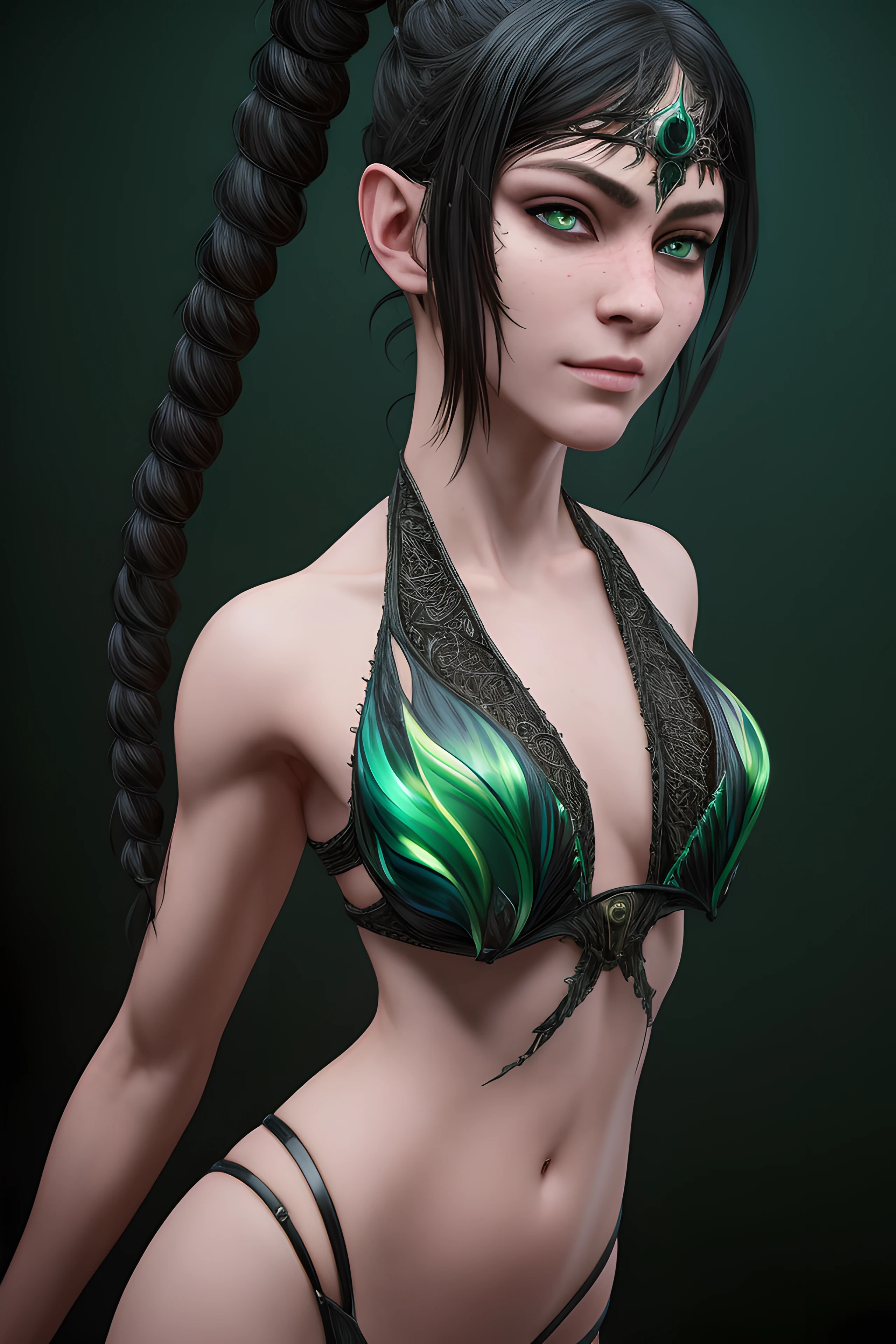 Masterpiece, best quality, absurdres, high res, intricate detail, high detail, cinematic lighting, fantasy 1girl, supermodel, shadowheart, black hair, braided ponytail, green eyes, extra detailed eyes,
upperbody, bikini
<lora:Shadowheart__Baldurs_Gate_3:0.7>, illustration of a anime girl imagination, hyperrealistic photo by Seebas Apterus and Larry Bell art, blending, smooth, detailed expressions, artstyle, detailed eyes, HDR, UHD, 64k, RTX, sharp, sharp focus, highly detailed, intricate detail, professional, artistic flow, ultra detailed, high resolution photography, (bright colors)