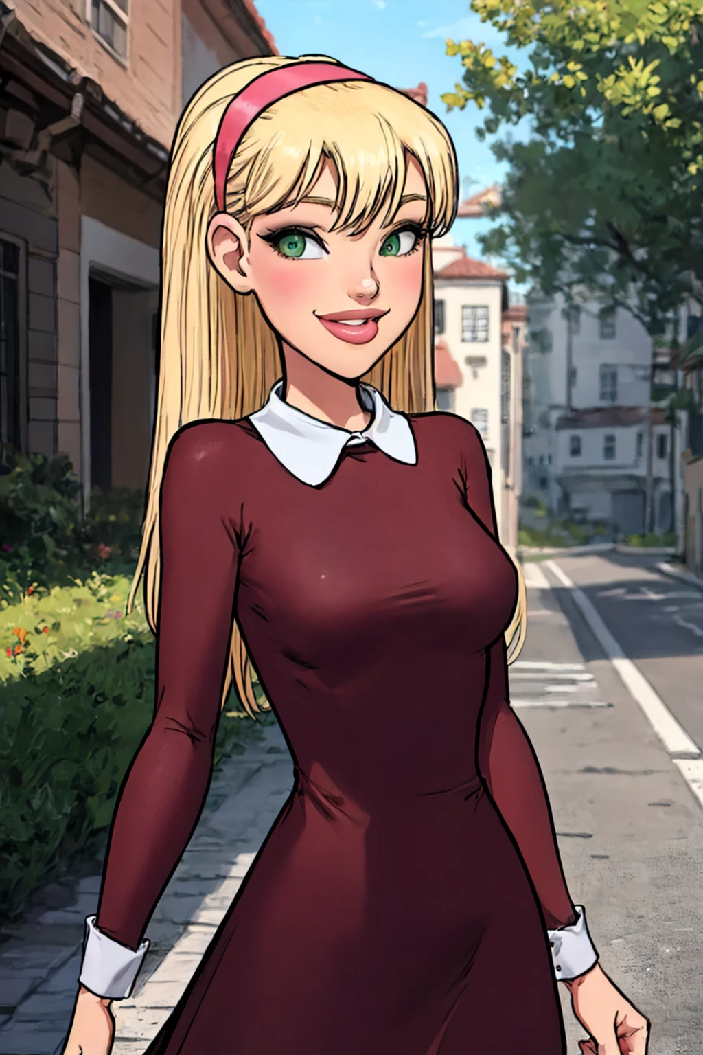 1girl, blonde hair, hairband, long hair, nat, pink hairband,dress,upper body,lips, smile, solo,looking at viewer, smile, standing, , green eyes,breasts,long sleeves, collar, <lora:Nat(AP)-000008:0.75>