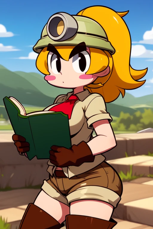 Goombella, mining helmet, blonde hair, ponytail, blush stickers, black eyes, thick eyebrows, short jumpsuit, red tie, short sleeves, brown gloves, zettai ryouiki, side locks, brown boots, short shorts, large breasts, outdoors, holding green book