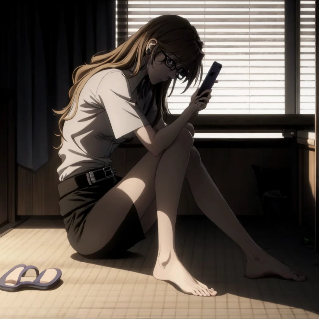 <lora:MoekaKiryu001:0.6>,<lora:add_detail:1>,<lora:boldline:-0.3>,<lora:noline:0.3>,
Moekazero,1woman,solo,expressionless,
long hair,brown hair,
glasses,
Collared shirt,short sleeve,
belt,
pencil skirt,
dark,barefoot,phone,sitting,cellphone,indoors,holding,holding phone,monochrome,full body,smartphone,greyscale,bare legs,shadow,from side,black background,tatami,black skirt,feet,