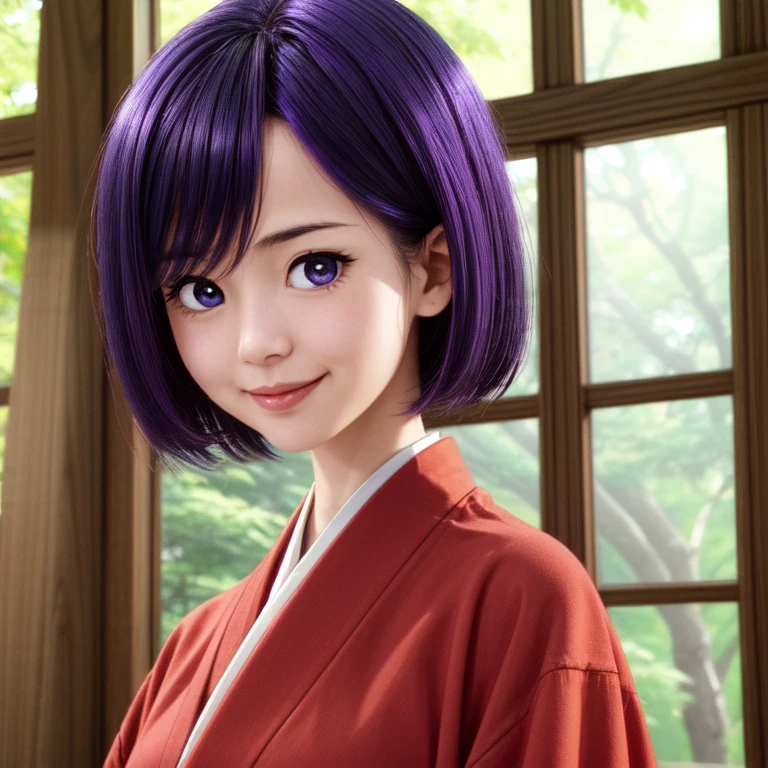 ((Full-Body Shot)),<lora:Bunko:0.8> Bunko, purple eyes, purple hair, pale skin, short hair, blue bright pupils, red kimono,
Masterpiece, Best quality, beautiful, ((upper body)), Human, looking at viewer, crisp, clear, Digital painting, oil painting, best quality, detailed hair, detailed background, detailed body, detailed eyes, full body, cute, smile, perfect body, 1girl, solo, hands, young female,
east asian architecture, japanese clothes,
ultra high resolution, raw photo, deep shadow, low key, natural light, backlighting,
<lora:Furtastic_Detailer:0.5> <lora:hairdetailer:0.5>