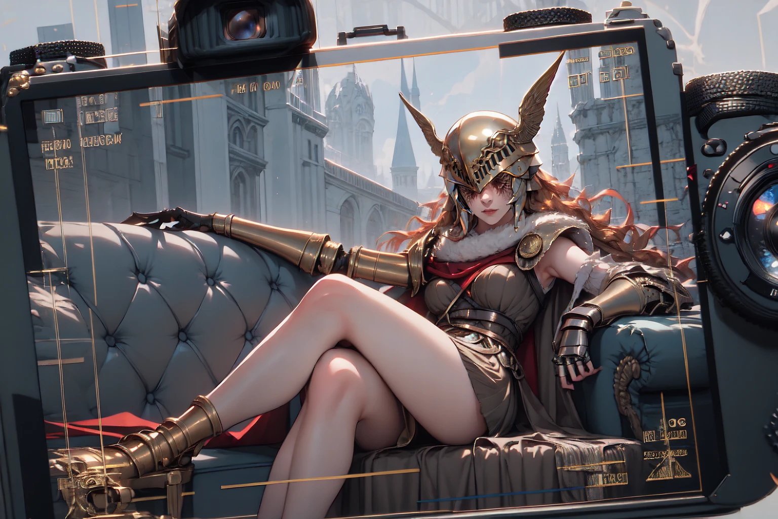 1girl, IncrsViewFinder, pov, viewfinder, camera, <lora:ViewfinderCamera:1.5>, prothestic leg, single mechanical arm, prosthesis, MaleniaDef, armor, cape, helmet, brown dress, <lora:Char_EldenRing_Malenia:1>, couch, sitting, IncrsBurntScar, scar, covered eyes, <lora:Looks_RottenFace:0.4>