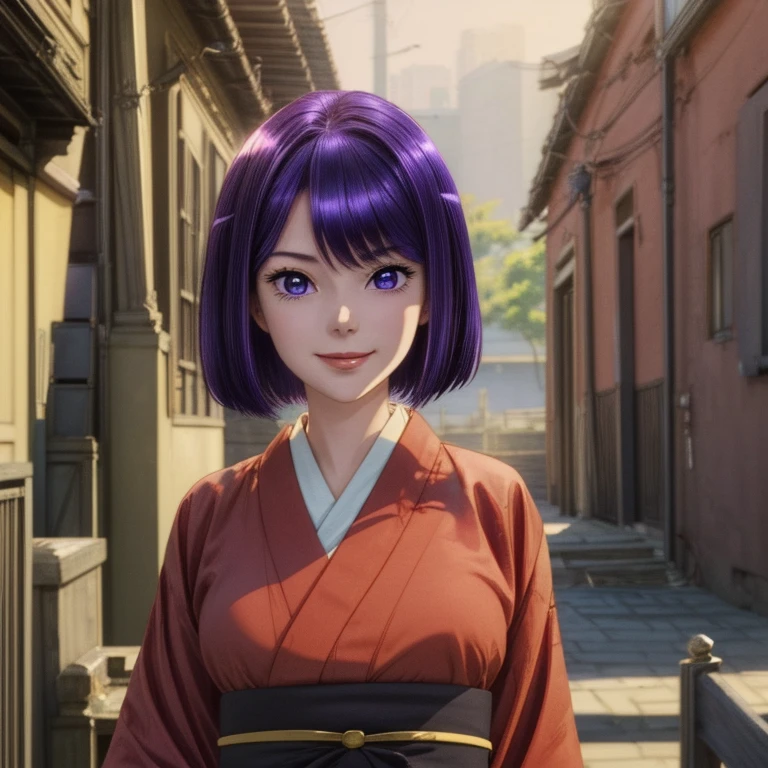 anime artwork ((Full-Body Shot)),<lora:Bunko:0.8> Bunko, purple eyes, purple hair, pale skin, short hair, blue bright pupils, red kimono,
Masterpiece, Best quality, beautiful, ((upper body)), Human, looking at viewer, crisp, clear, Digital painting, oil painting, best quality, detailed hair, detailed background, detailed body, detailed eyes, full body, cute, evil expression, evil smile, medium breast, round breast, perfect body, 1girl, solo, hands, young female,
east asian architecture, japanese clothes,
ultra high resolution, raw photo, deep shadow, low key, natural light, backlighting,
<lora:Furtastic_Detailer:0.5> <lora:hairdetailer:0.5> . anime style, key visual, vibrant, studio anime,  highly detailed