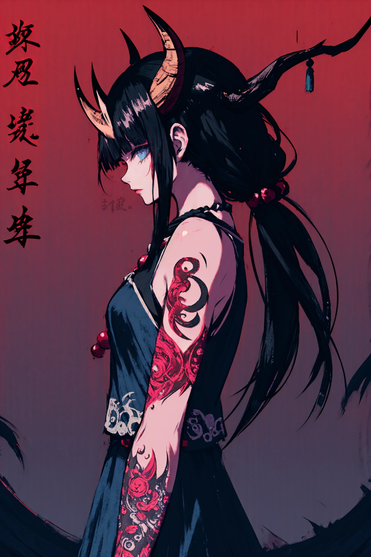 1girl, solo, tattoo, horns, black hair, arm tattoo, long hair, blue eyes, looking at viewer, hair ornament, shoulder tattoo, single horn, beads, from side, bandages, bandaged arm, chinese text, bare shoulders, fingernails, sleeveless, hand up, closed mouth, holding 
///////////  <lora:AkramBham:1>, <lora:ç»ä¸½çåå½±:0.2>,<lora:add_detail:0.35>, <lora:adaptedmodel:0.35>