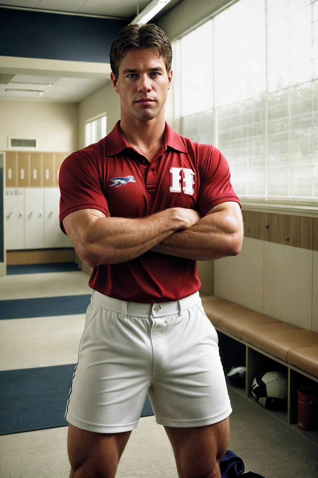 professional photo of mike_branson <lora:mike_branson-08:0.75> wearing a well-fitted coaching polo shirt with a sports logo on shirt, posing in the locker room, training facility, soft diffused lighting, nostalgic tmosphere, natural light from a window, arms crossed, (whistle around neck), strong stance