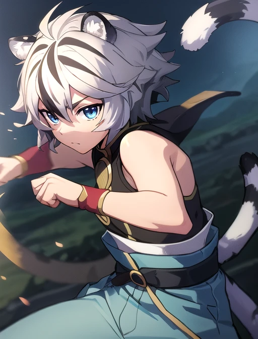 best quality, masterpiece, highres, detailed, digital illustration, <lora:Detail - add_detail:0.2>, FohlFayon, tiger boy, tiger tail, two-toned hair, white hair, black hair, tiger ears, fighting stance, <lora:Character - FohlFayon:0.8>, short hair, blue eyes, blue pants,