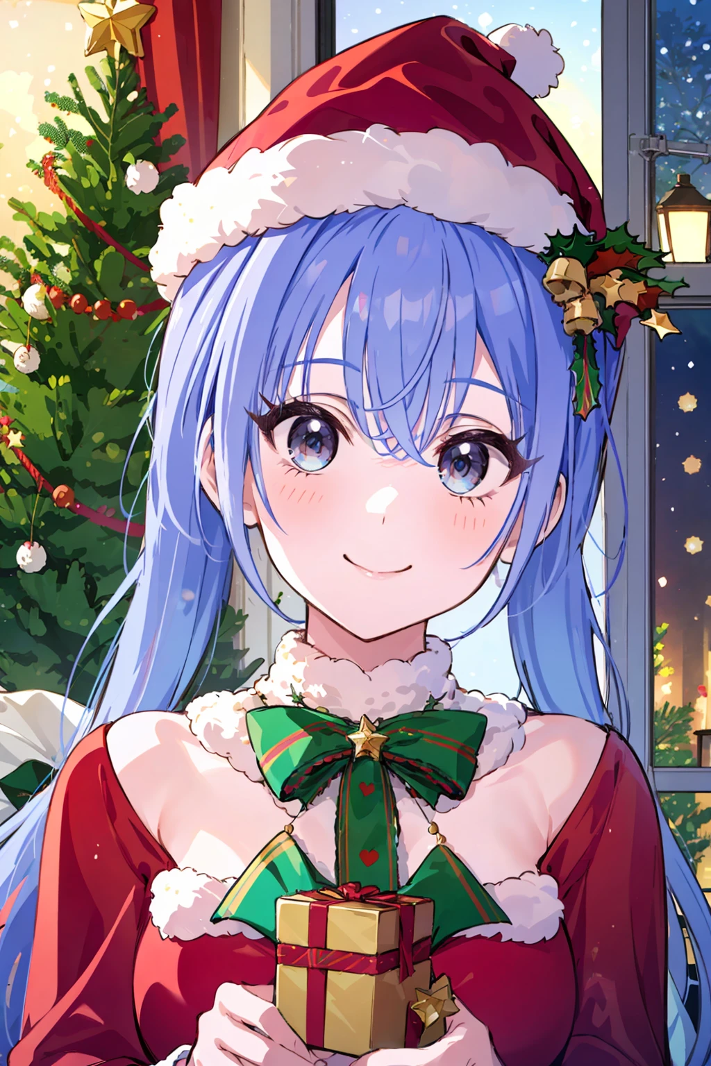 h_suzuki, 1girl, blue hair, smile, long hair, low twintails, night, bedroom, looking at viewer, closed mouth, bangs, blush, upper body, santa costume, santa hat, gift box, holding gift, hair ornament, christmas ornament, christmas tree, red capelet
<lora:h_suzuki:1>