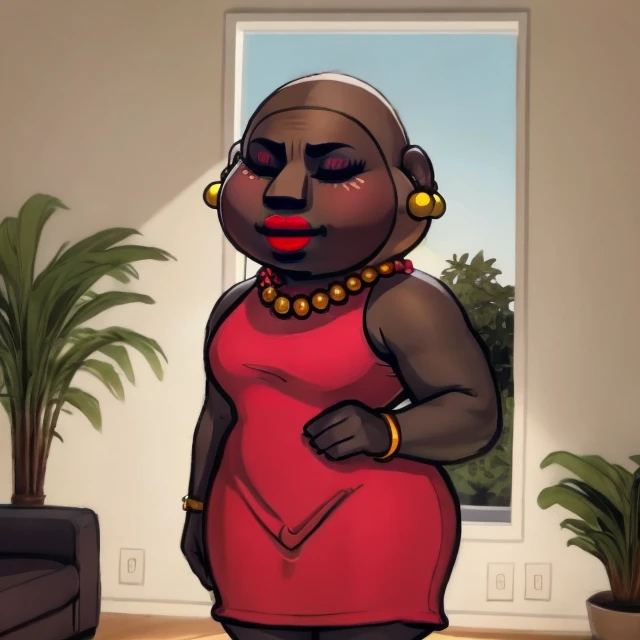 1boy, bald, blush, dark skin, earrings, full body, jewelry, lipstick, makeup, necklace, plant, potted plant, red dress, solo, sparkle, white shirt, window <lora:Director_Gori-V1_0:1> director_gori
