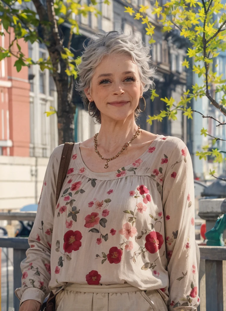 portrait of a woman in floral top, at Moscow city, smile, bold, bright colours, (high detailed skin:1.1)
<lora:melissa_mcbride_lora_v01:1> melmc
