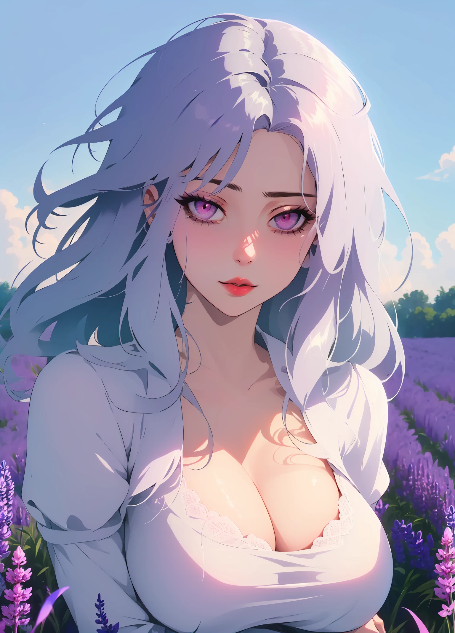 a woman, solo, upper body, (Random:1.3), textured hair, silver hair, pink eyes, plump lips, large breasts, onepeace dress, soothing lavender field under a clear sky, (masterpiece, best quality, detailed:1.3), seductive